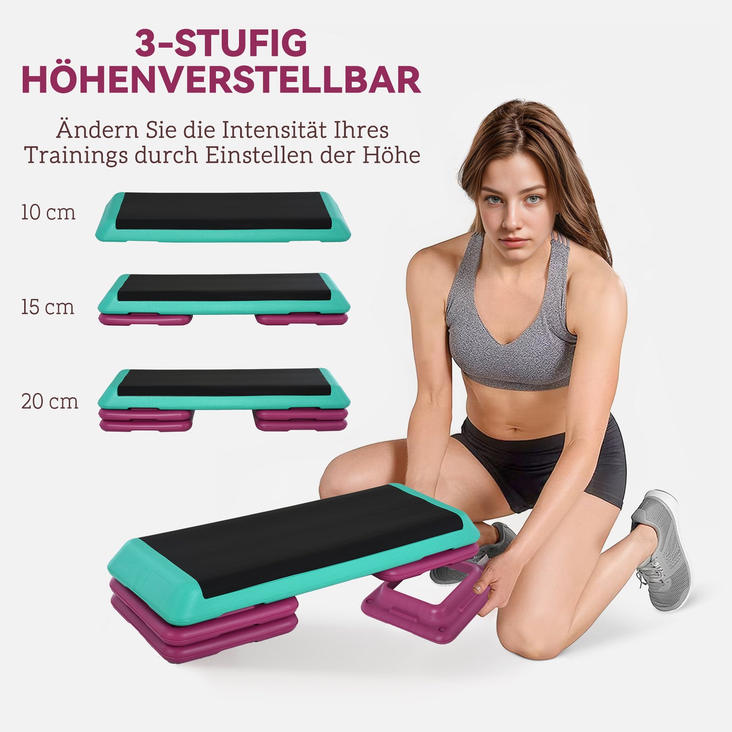 HOMCOM Steppbrett höhenverstellbar Fitness Stepper 3 Stufen (10/15/20 cm) Rutschfest Stepbench für Zuhause Fitnessstudio Büro Kunststoff Schwarz+Grün+Violett