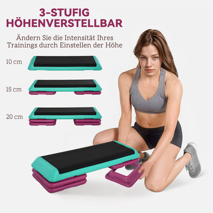 HOMCOM Steppbrett höhenverstellbar Fitness Stepper 3 Stufen (10/15/20 cm) Rutschfest Stepbench für Zuhause Fitnessstudio Büro Kunststoff Schwarz+Grün+Violett