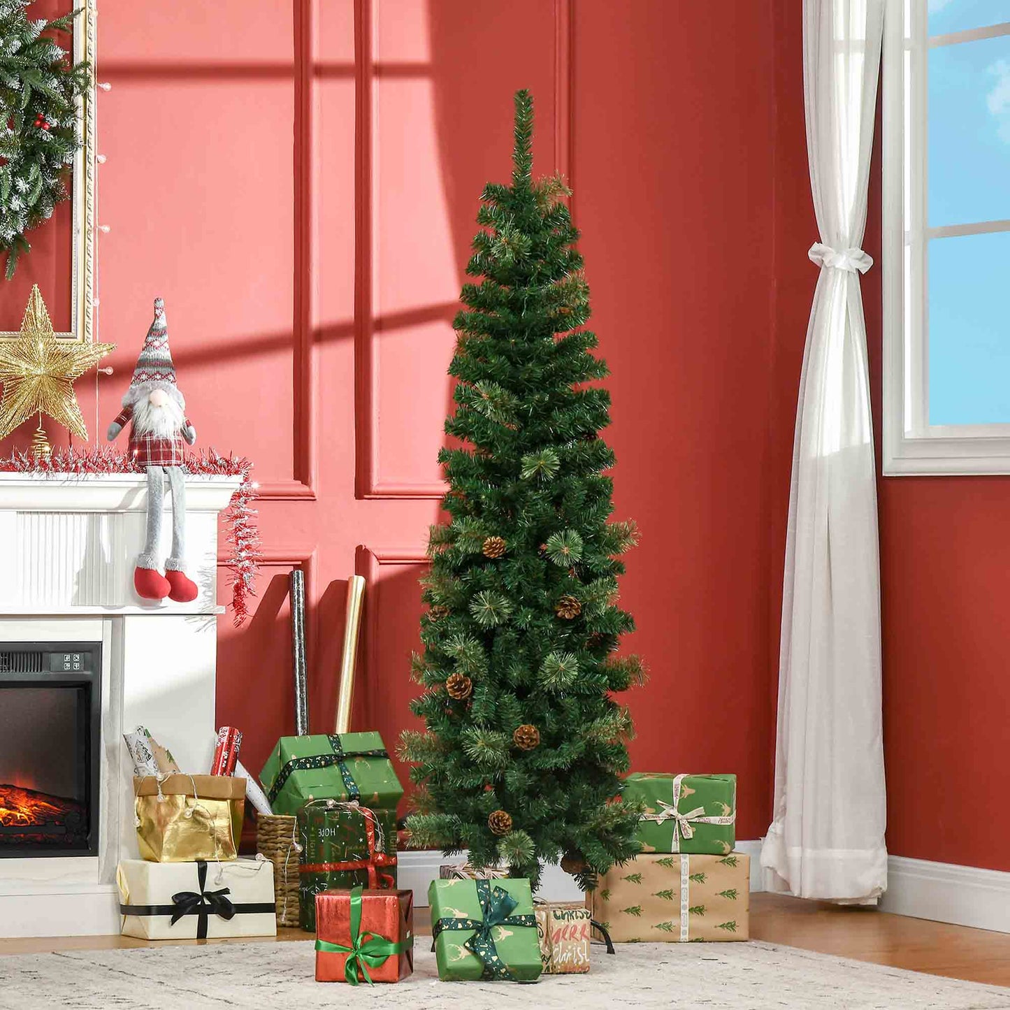HOMCOM Künstlicher Weihnachtsbaum, schlank, Tannenzapfen, flammenhemmend, 46 x 165 cm, Grün