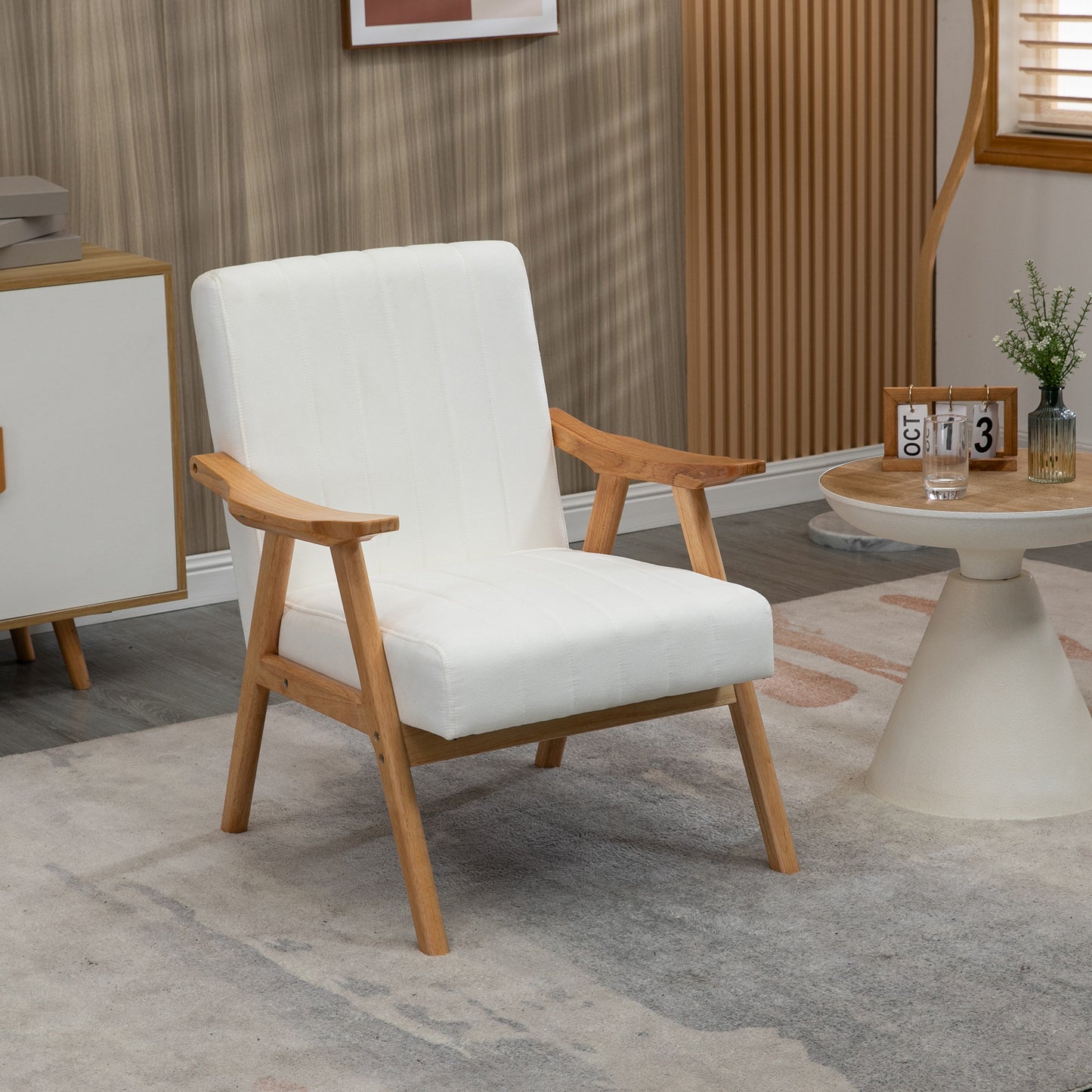 HOMCOM Polstersessel im Skandi-Design, Samtoptik, Massivholzrahmen, 68 x 74 x 82cm, Natur+Creme