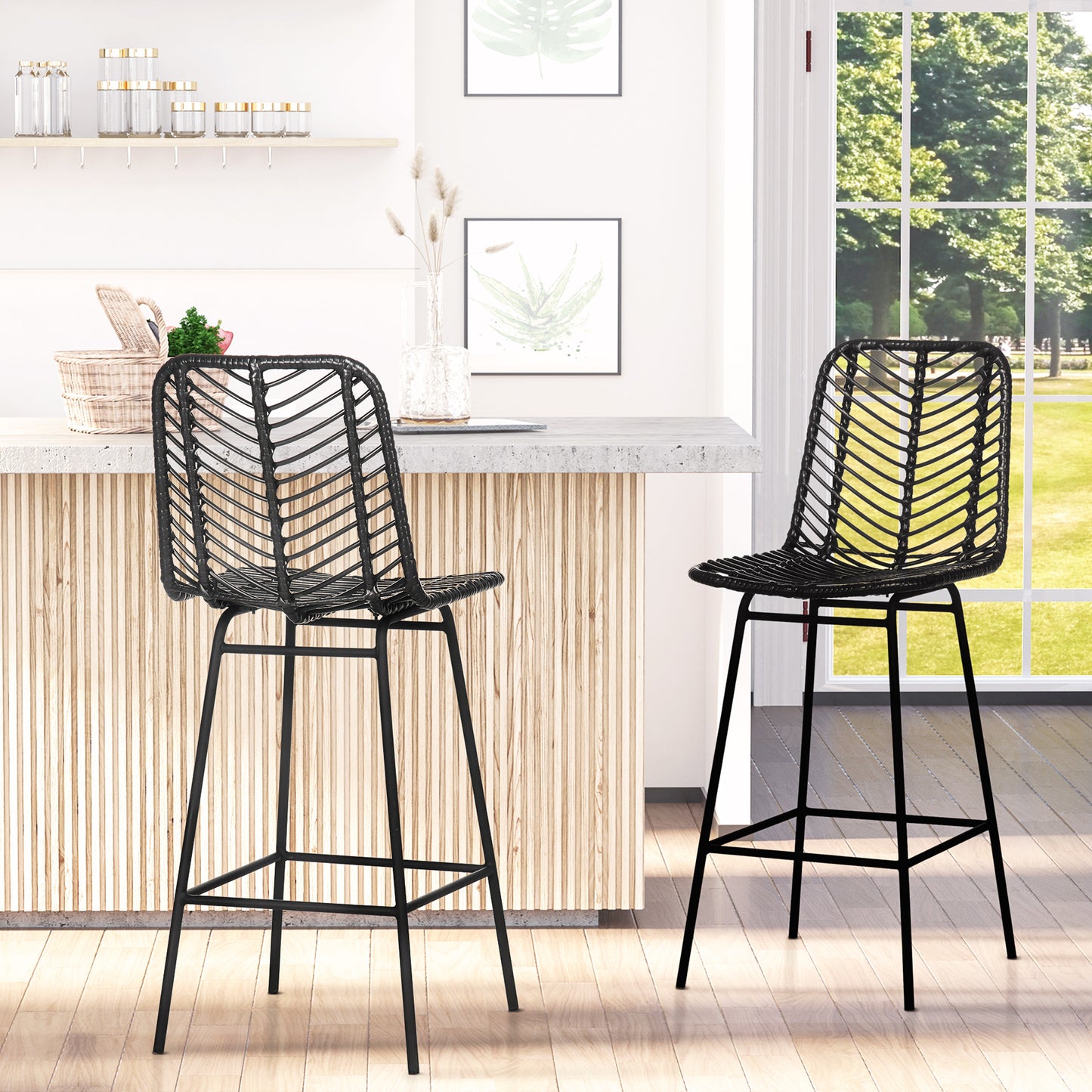 HOMCOM Barhocker, 2er-Set, Rattanoptik, Fußstütze, Stahlrahmen, rutschfest, bis 120 kg, 42,5x52x102 cm, Schwarz