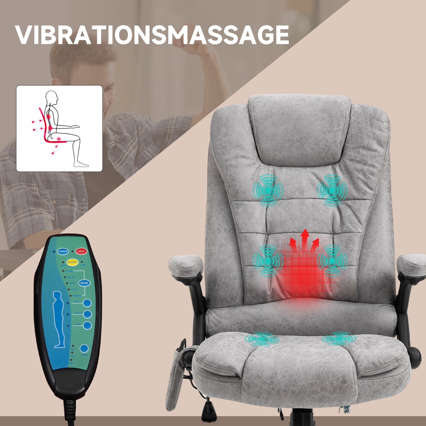 Vinsetto Chefsessel mit Massage- & Wärmefunktion, ergonomisch, verstellbar, bis 120kg, Grau