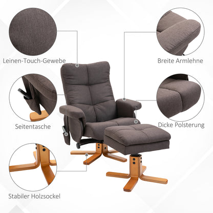 HOMCOM Relaxsessel mit Fußhocker, Stauraum, Elektrischer Massagesessel mit Liegefunktion, Drehbarer Fernsehsessel mit Seitentasche, Fernbedienung, Holzrahmen, Polyester, Braun