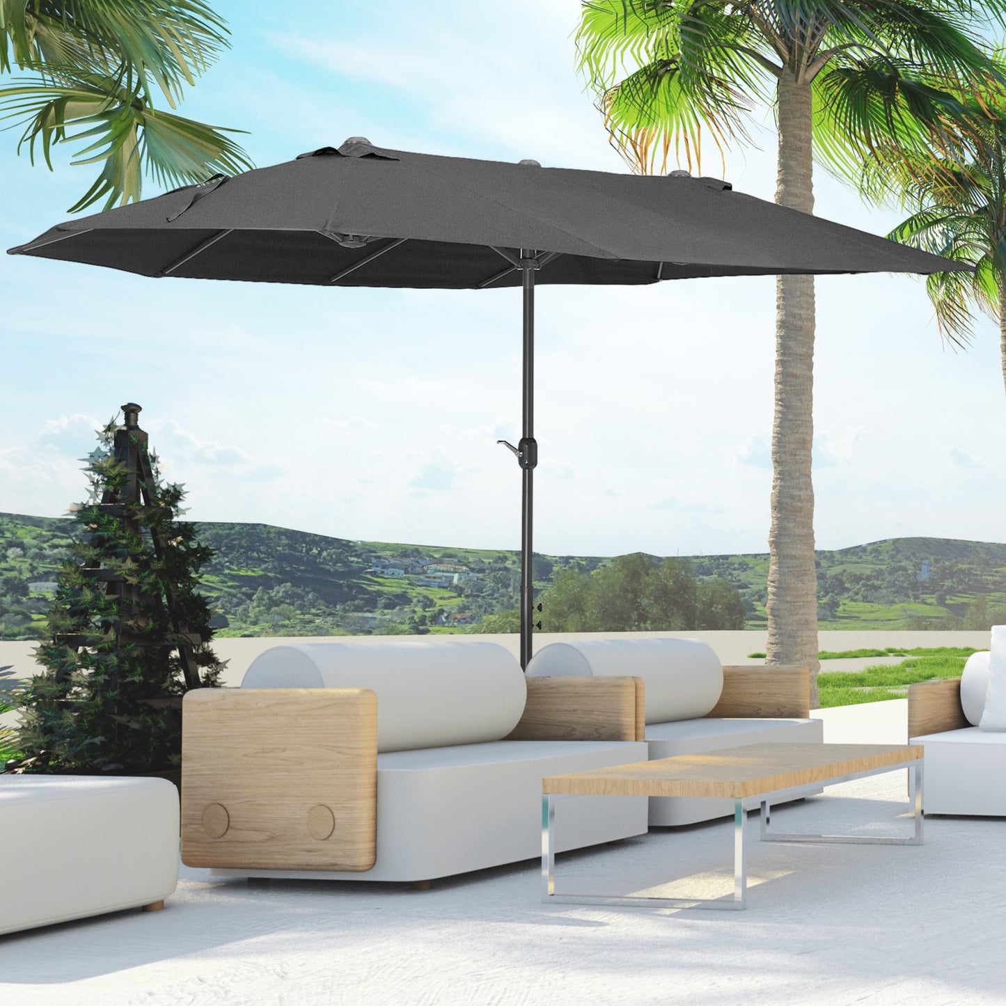 Outsunny Doppelsonnenschirm 455 x 270 cm Gartenschirm mit Handkurbel oval stabil Metallstange Marktschirm Doppelsonnenschirm Terrassenschirm Sonnenschutz für Strand Balkon Terrasse Garten Schwarz