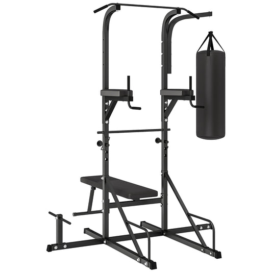 HOMCOM Kraftstation mit Klimmzugstange, Multifunktionale Dip-Station, Trainings-Gerät für Zuhause, mit Boxsack, Fitness, Stahl, Schwarz, 180 x 183 x 219 cm