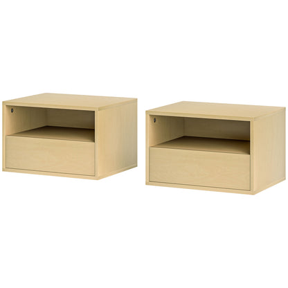 HOMCOM 2-teiliges Wandnachttisch-Set, Nachttisch, Nachtkommode, Spanplatte, Natur, 45 x 35 x 27,5 cm