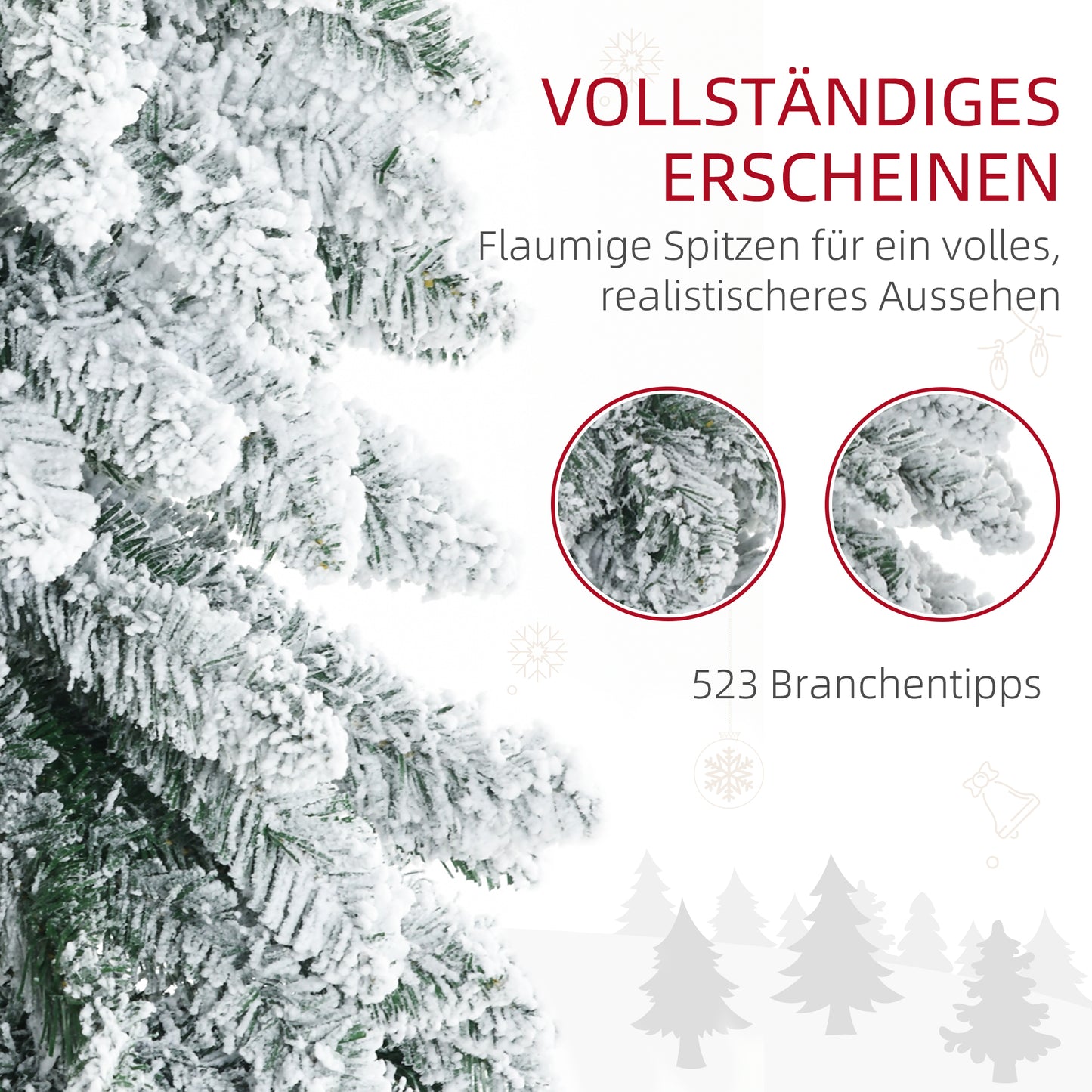 HOMCOM Künstlicher Weihnachtsbaum, 1,80 m, mit 523 Zweigen, Kunstschnee, lebensechtes Aussehen, schlanke Form