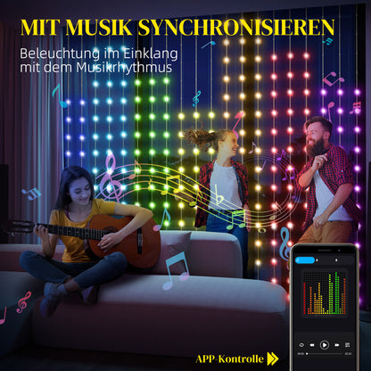 HOMCOM Vorhang mit 400 LED-Lichtern، Dynamische Lichterketten mit Musiksynchronisation für Schlafzimmer، Wohnzimmer، 3 x 3 م
