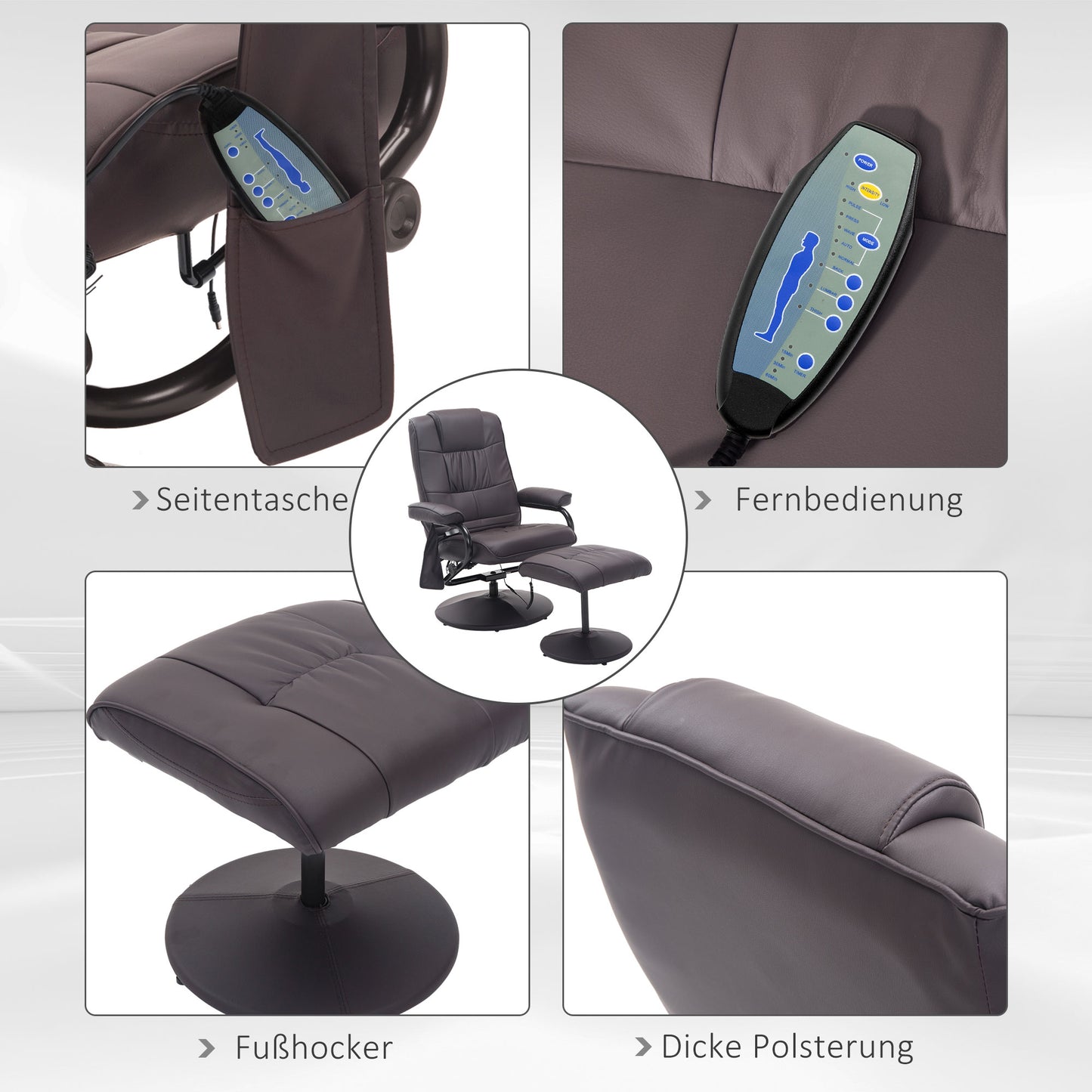 HOMCOM Massagesessel Relaxsessel, inkl. Fußhocker, 10 Vibrationspunkte, 1 Fernbedienung; 77 cm x 84 cm x 95 cm, Braun