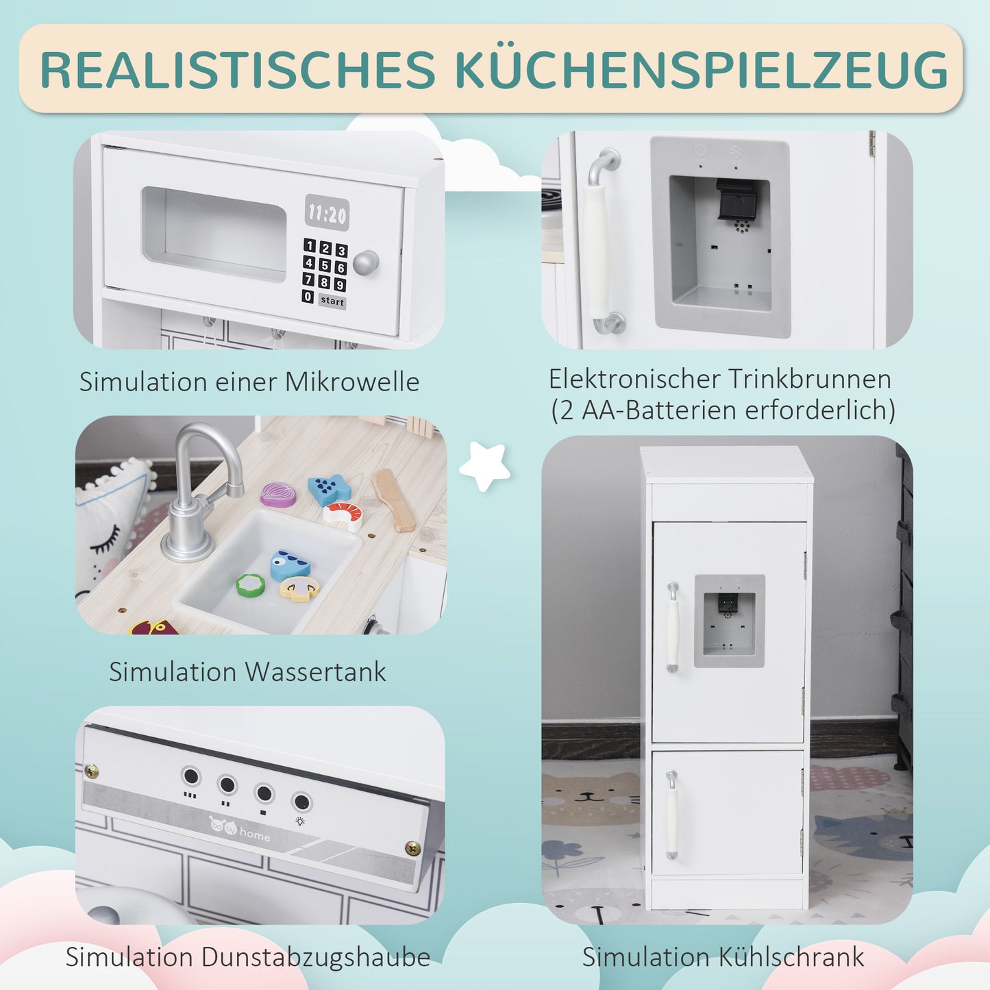 HOMCOM Spielküche, 14-tlg. Zubehör, elektr. Wasserspender, 86 x 64 x 84,5 cm, Weiß