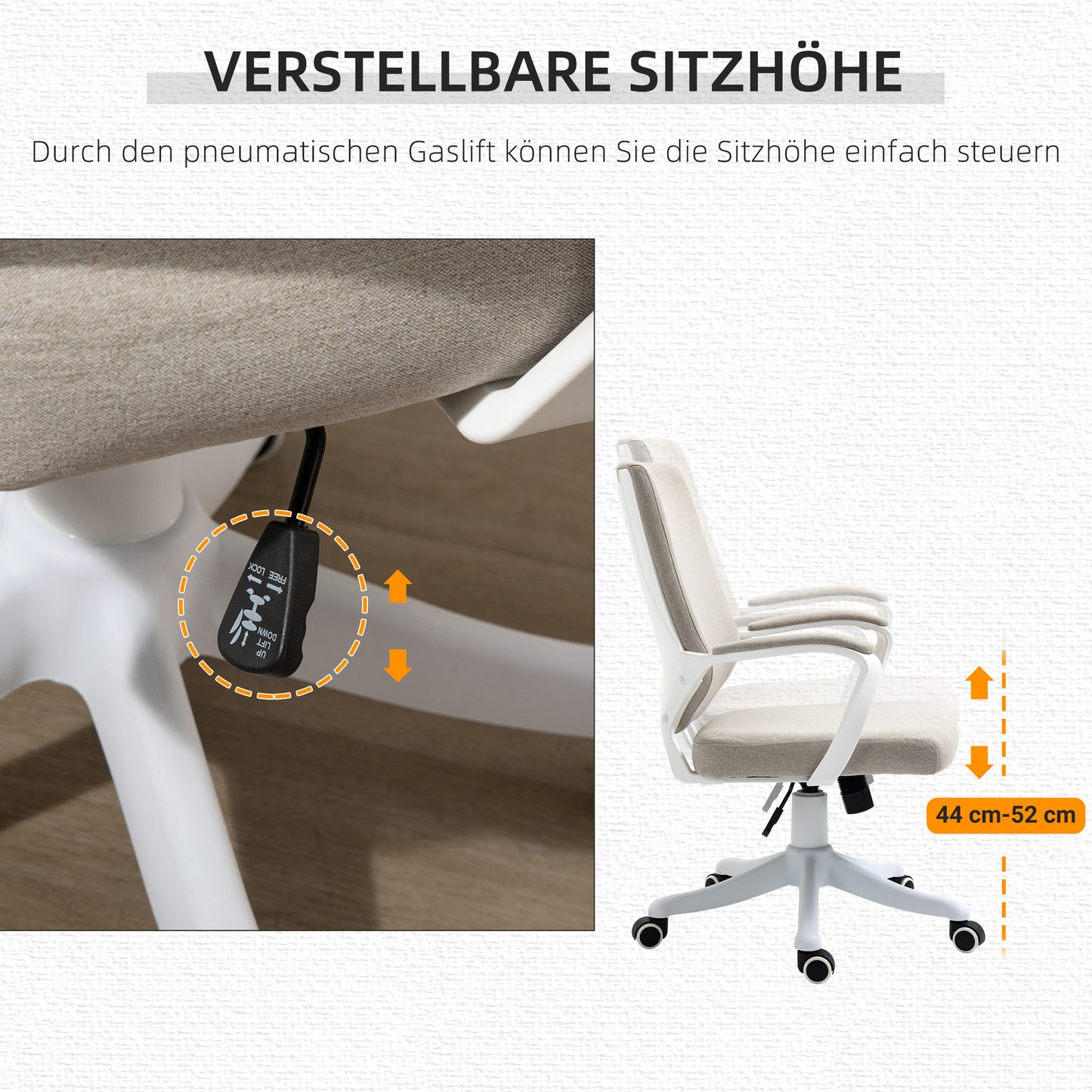 Vinsetto Bürostuhl Schreibtischstuhl Home-Office-Stuhl mit Wippenfunktion Rückenlehne höhenverstellbarer dick gepolstert ergonomisch 360°-Drehräder Polyester Nylon PP Beige+Weiß 62x69x92-100 cm