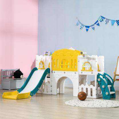 AIYAPLAY Kinderrutsche, 7-in-1 Spielgerüst, mit Basketball & Lenkrad, für 1-3 Jahre, 178x177x99cm, Gelb/Weiß/Grün