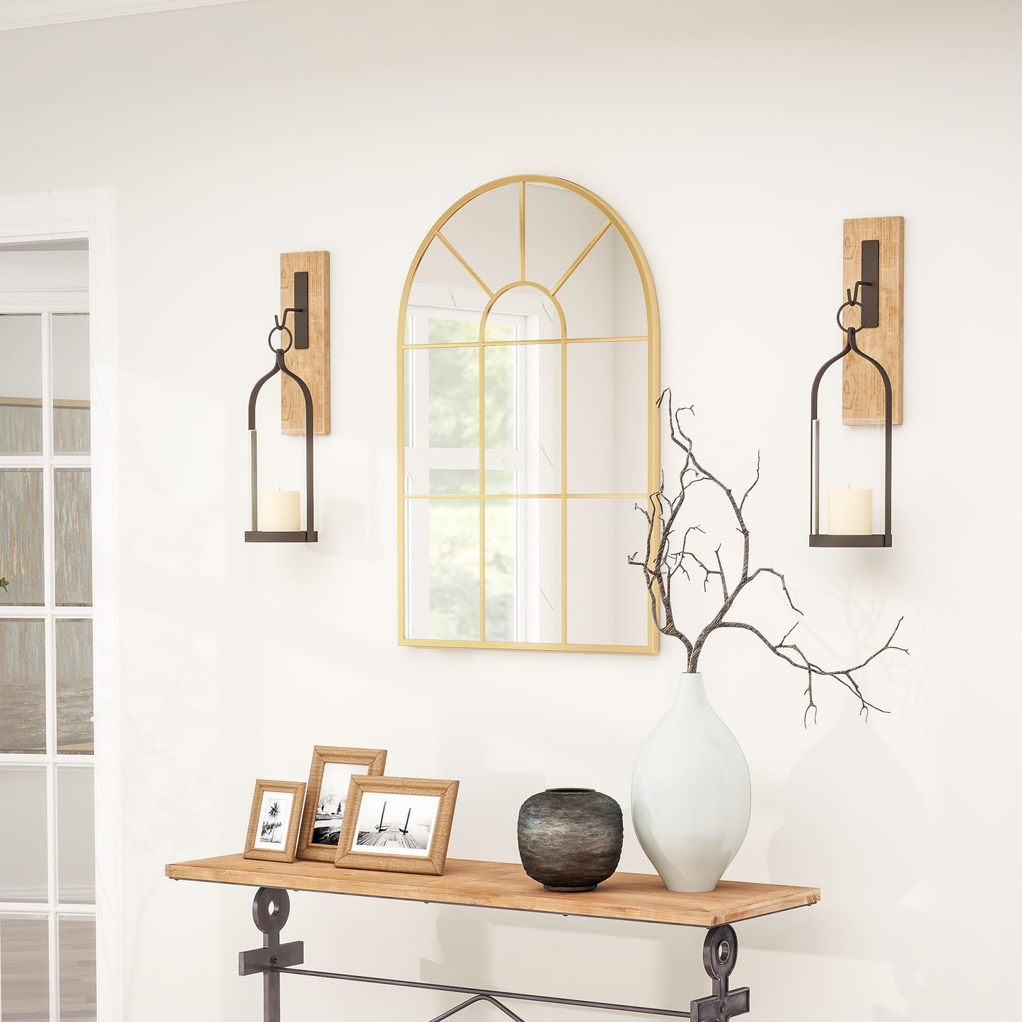 HOMCOM Wandspiegel, Fenster-Design, Flurspiegel, Metallrahmen, 91 x 60 cm, Gold