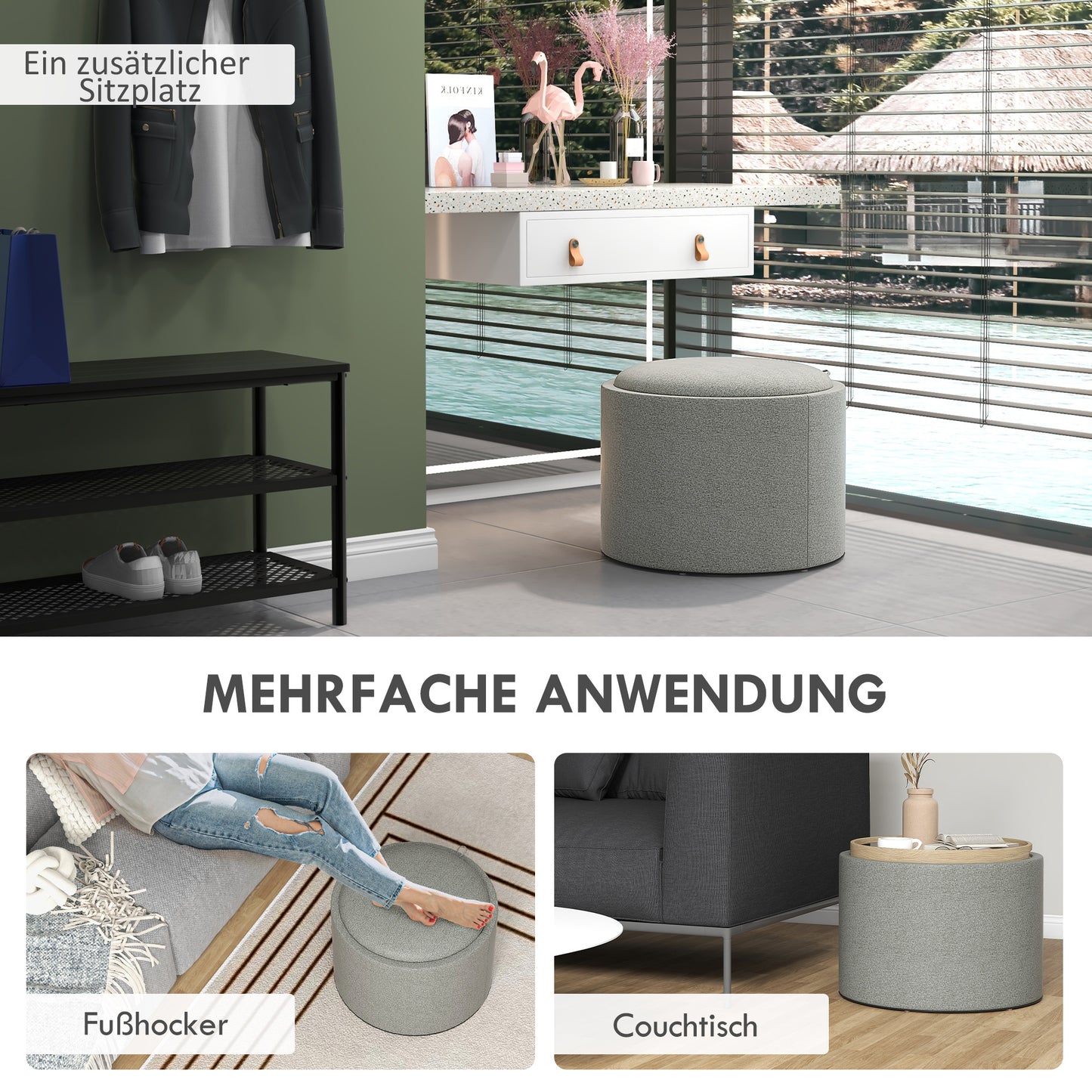 HOMCOM Hocker Polsterhocker, Leinen, versteckter Stauraum, umkehrbarer Deckel, 5 6cm x 56 cm x 42 cm, Grau + Natur