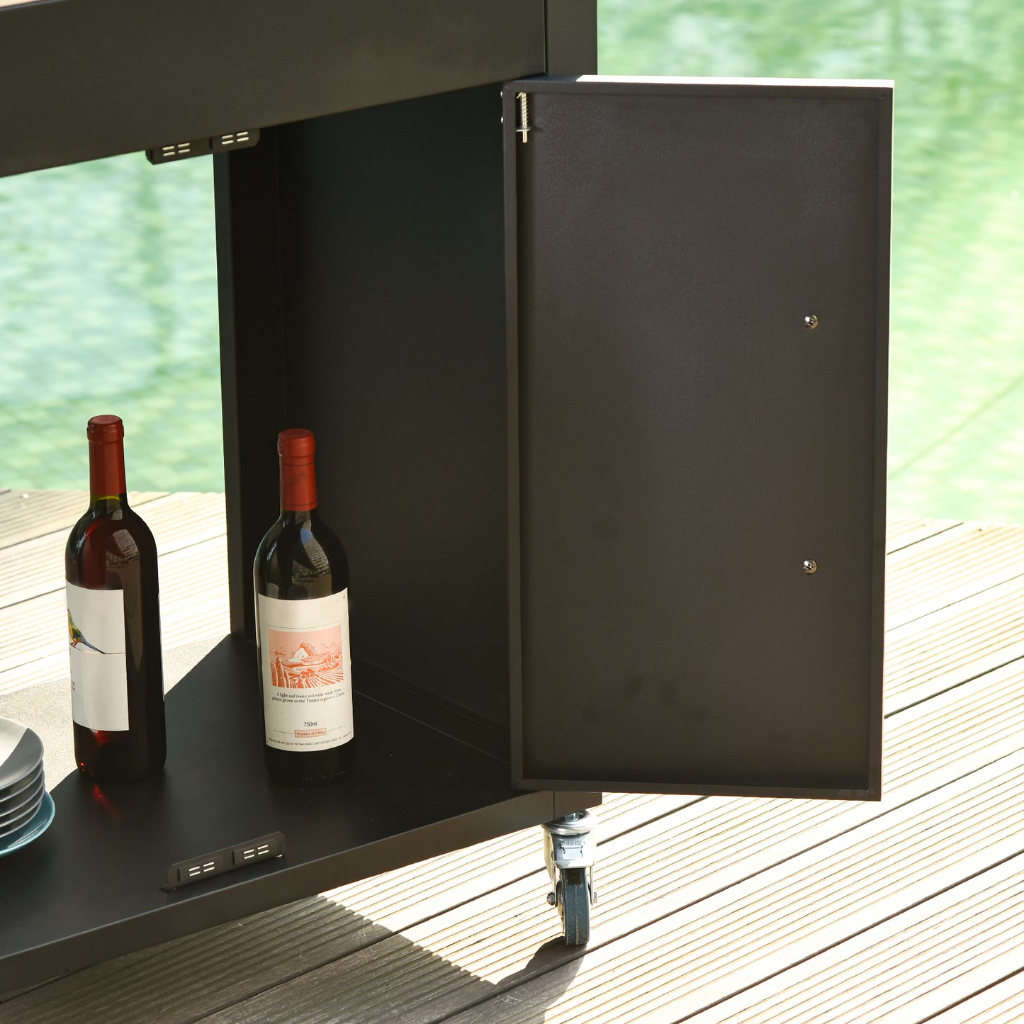 HOMCOM Küchenwagen mit Rollen, Servierwagen, Rollwagen mit Schrank, Haken und Edelstahlgriffe, Küchenhilfe, BBQ Grilltisch aus Edelstahl Küchentrolley, 86 x 50 x 86,5 cm Schwarz