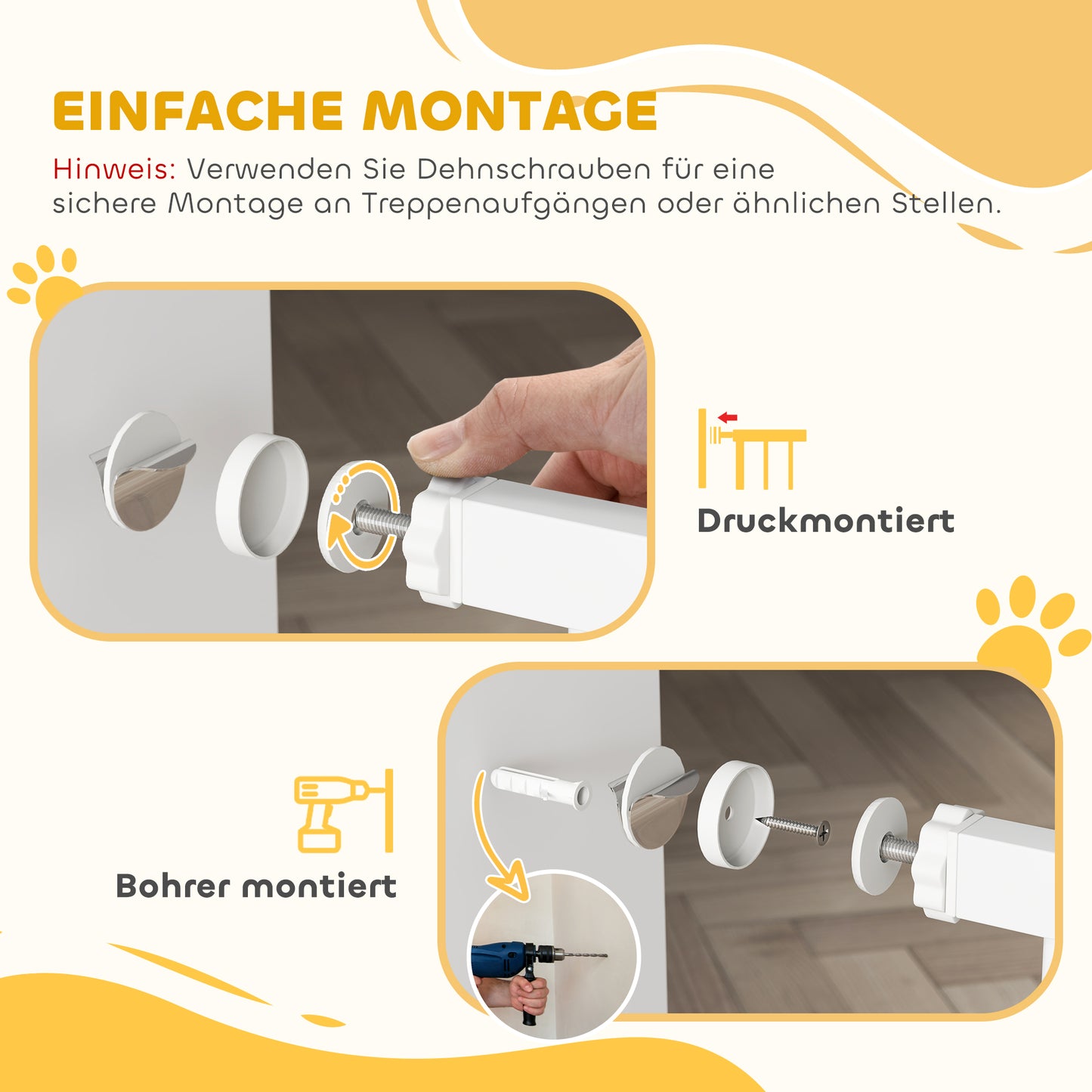 PawHut 106 cm hohes Haustiergitter mit anpassbarer Breite, integrierte Katzentür, für Treppen und Türrahmen, Weiß
