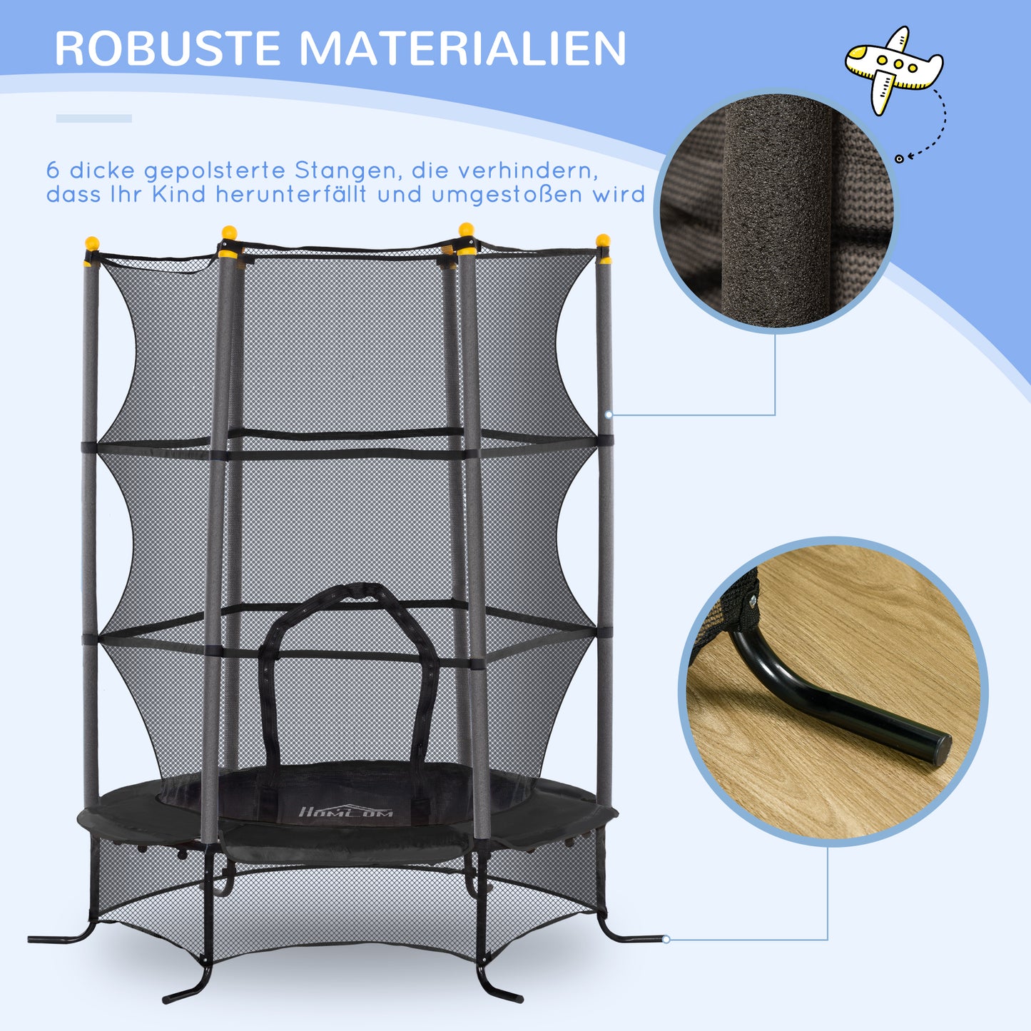 HOMCOM Trampolin für Kinder, Ø163 cm, mit Sicherheitsnetz, In- und Outdoor, Belastung bis 50 kg, Stahl, Kunststoff, Schwarz