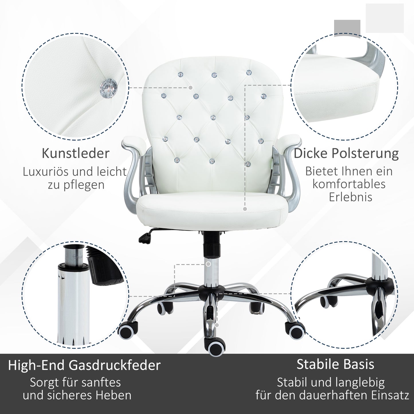 Vinsetto Bürostuhl, Ergonomisch Schreibtischstuhl mit Armlehne, Gepolsterter Rückenlehne Weiß