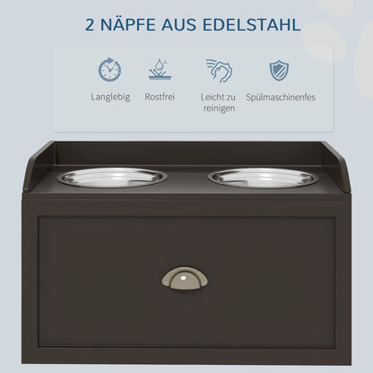 PawHut Futterstation Erhöhte Fressnäpfe 2 Fressnäpfe, 2 Edelstahlschalen, 1 Stauraum, 60 x 30 x36 cm, Braun