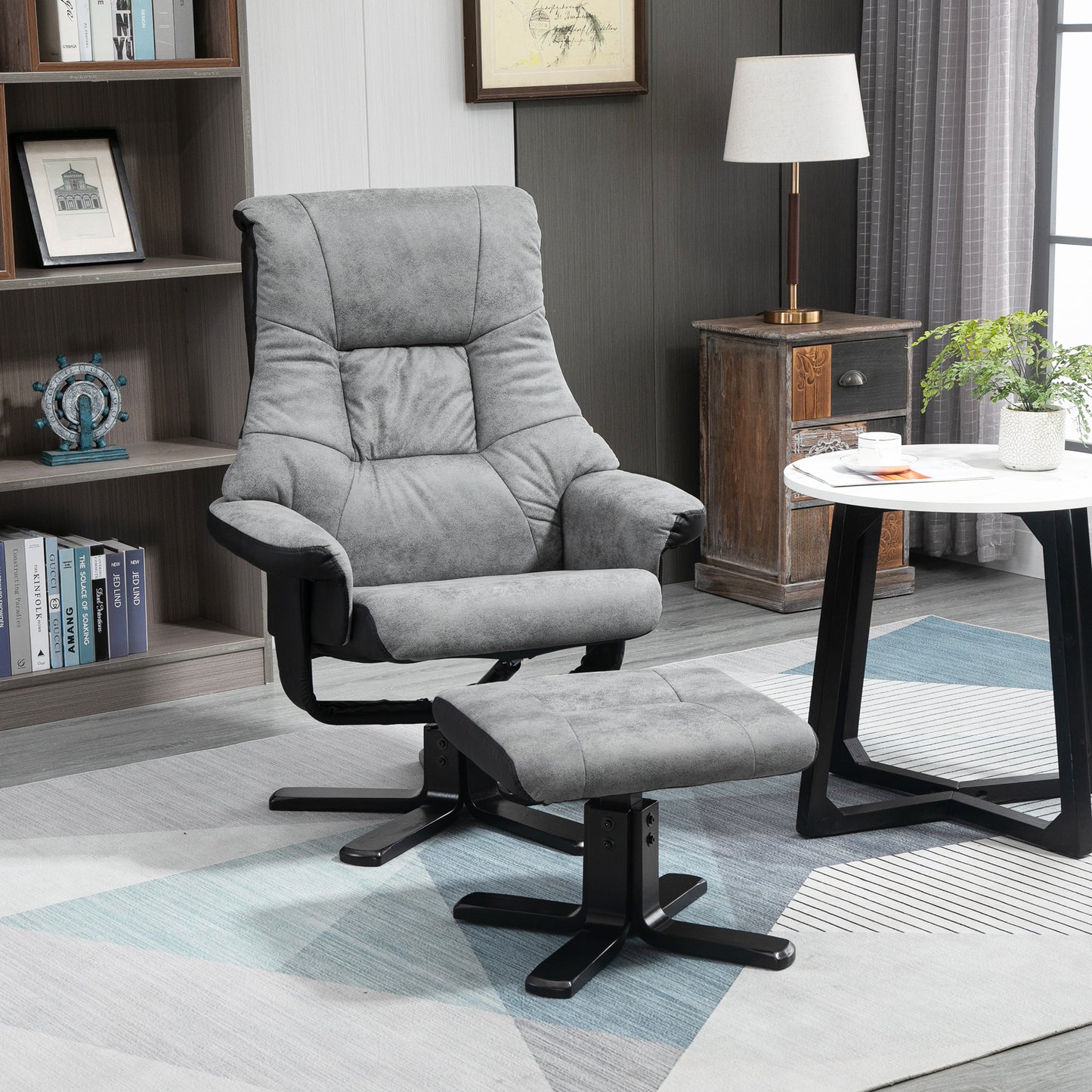 HOMCOM Relaxsessel mit Hocker, 360° drehbar, 135° neigbar, atmungsaktiver Bezug, 78 x 82,5 x 109 cm, grau
