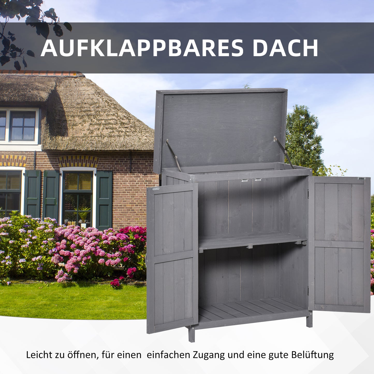 Outsunny Geräteschrank, Doppeltür, Klappdeckel, 2 Regalfächer, wetterfest, Naturholz, grau, 74 x 43 x 88cm