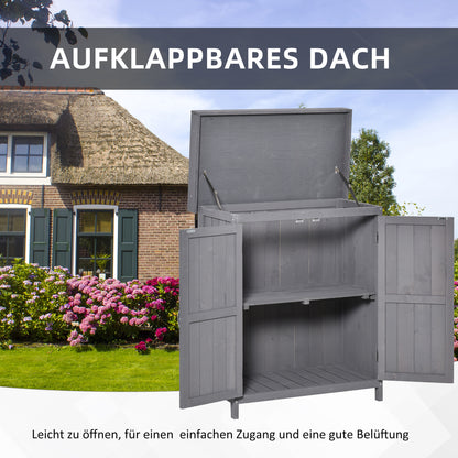Outsunny Geräteschrank, Doppeltür, Klappdeckel, 2 Regalfächer, wetterfest, Naturholz, grau, 74 x 43 x 88cm
