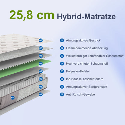 HOMCOM Matratze 90x200 cm 25,8 cm Höhe 7-Zonen ergonomisch mit abnehmbarer waschbar Bezug