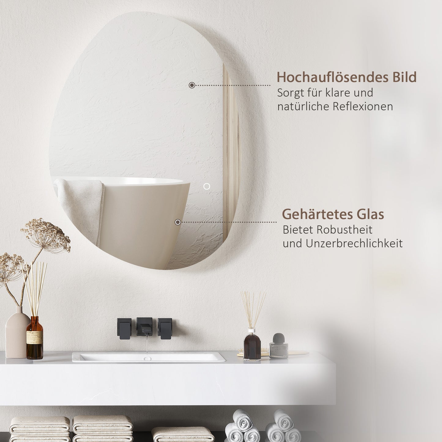 HOMCOM 70 x 50 cm Asymmetrischer Badspiegel mit LED-Licht, Smart Touch Schalter, Anti-Beschlag-Funktion, Silber