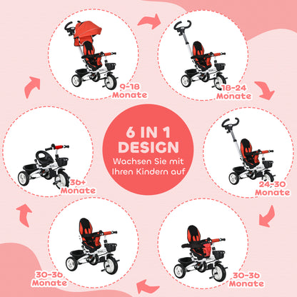 HOMCOM 6-in-1 Kinderdreirad mit Schiebestange, Dach, Gurt, Ablagekorb, 18+ Monate, Rot