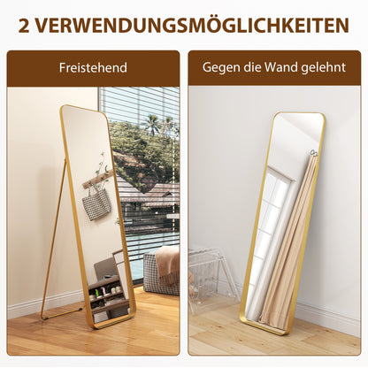 HOMCOM Ganzkörperspiegel, freistehend, neigbar, Metallrahmen, MDF, 160 x 50 cm, Goldfarben