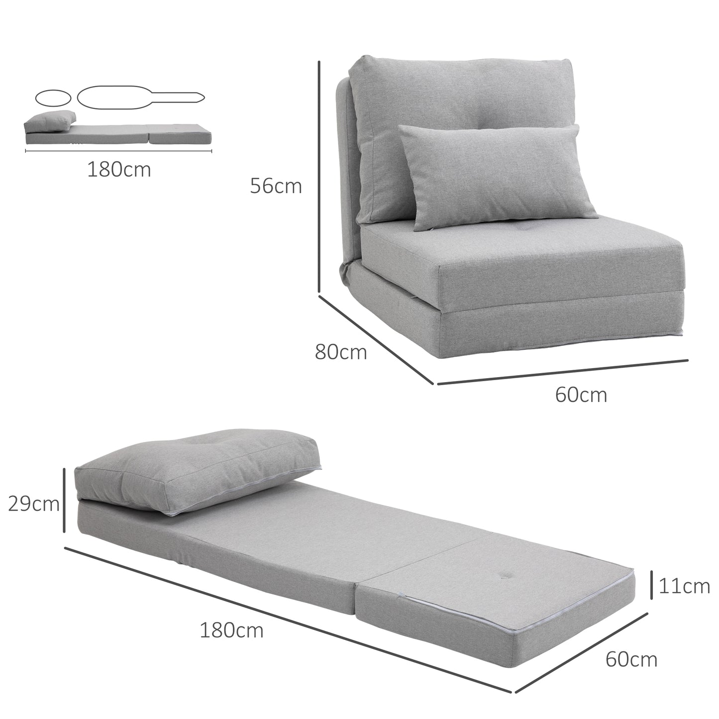 HOMCOM Bodensessel Klappmatratze Schlafmatte, 2-in-1-Design, abnehmbares Kissen, 60 x 80 x 56 cm, Grau