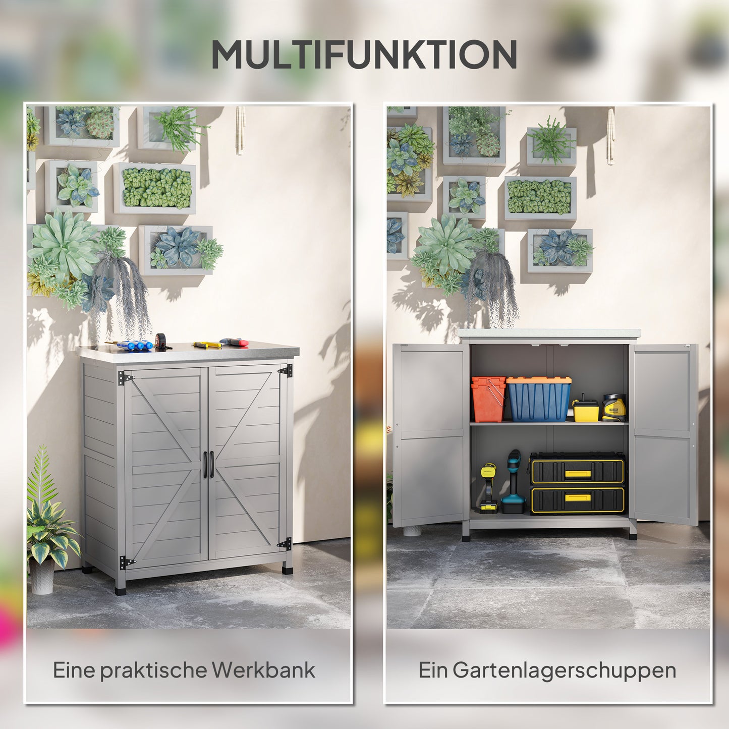 Outsunny Gartenschrank, Außenschrank mit Arbeitsfläche, Werkzeugschrank, Massivholz, Stahl, 79B x 43T x 92H cm, Grau