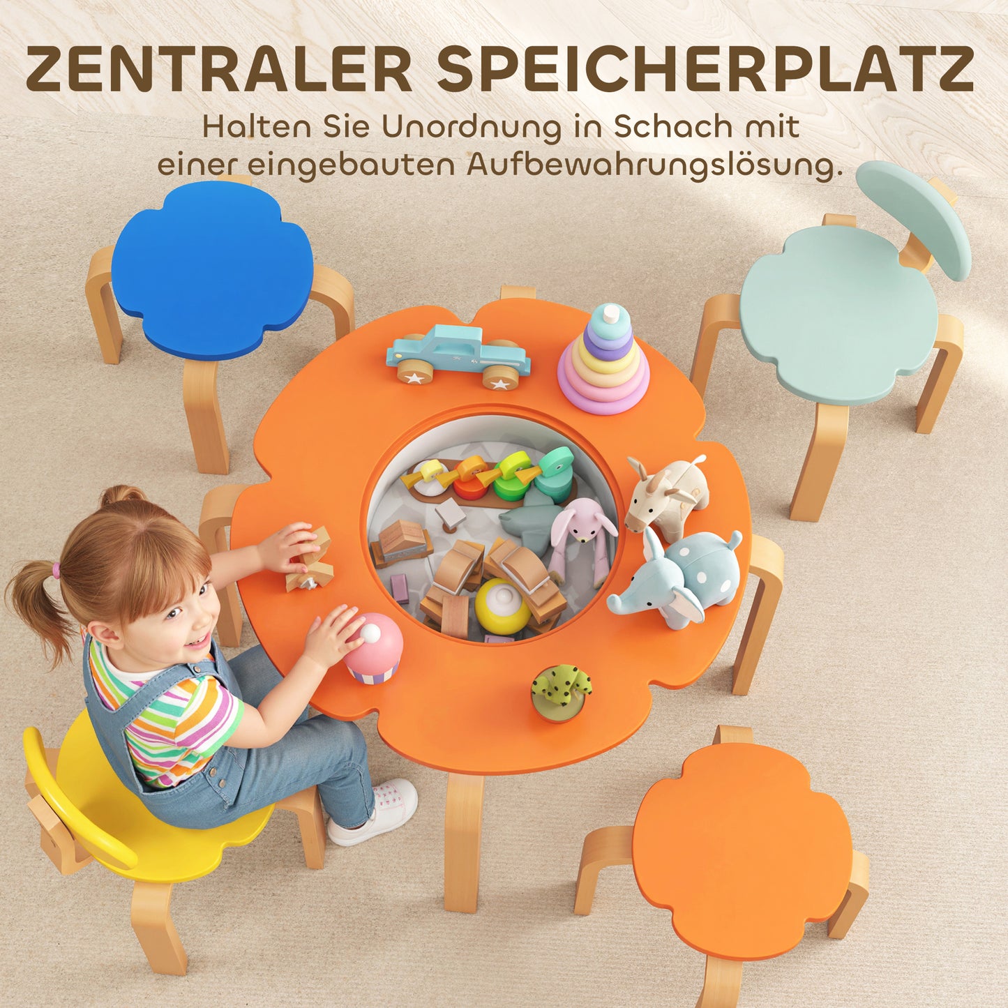 AIYAPLAY 5-teiliges Kindertisch- und Stuhl-Set, mit Aufbewahrungstasche, Blumenform, für Spielzimmer, Kinderzimmer, Holz, Bunt