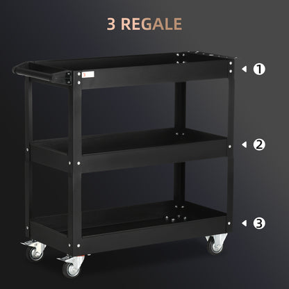 DURHAND 3-stufiger Werkzeugwagen, 4 Rollen, Stahl, 83B x 35,3T x 76H cm, Schwarz