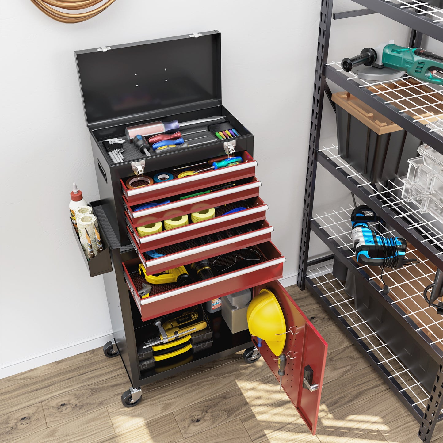 HOMCOM Rollbarer Werkzeugschrank, Stabiler Schrank mit oberer Werkzeugkiste und Schubladen, abschließbar, Metall, Schwarz+Rot