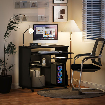 HOMCOM Computertisch mit Rollen, Schreibtisch mit Stauraum, 80 x 48 x 75 cm, Schwarz