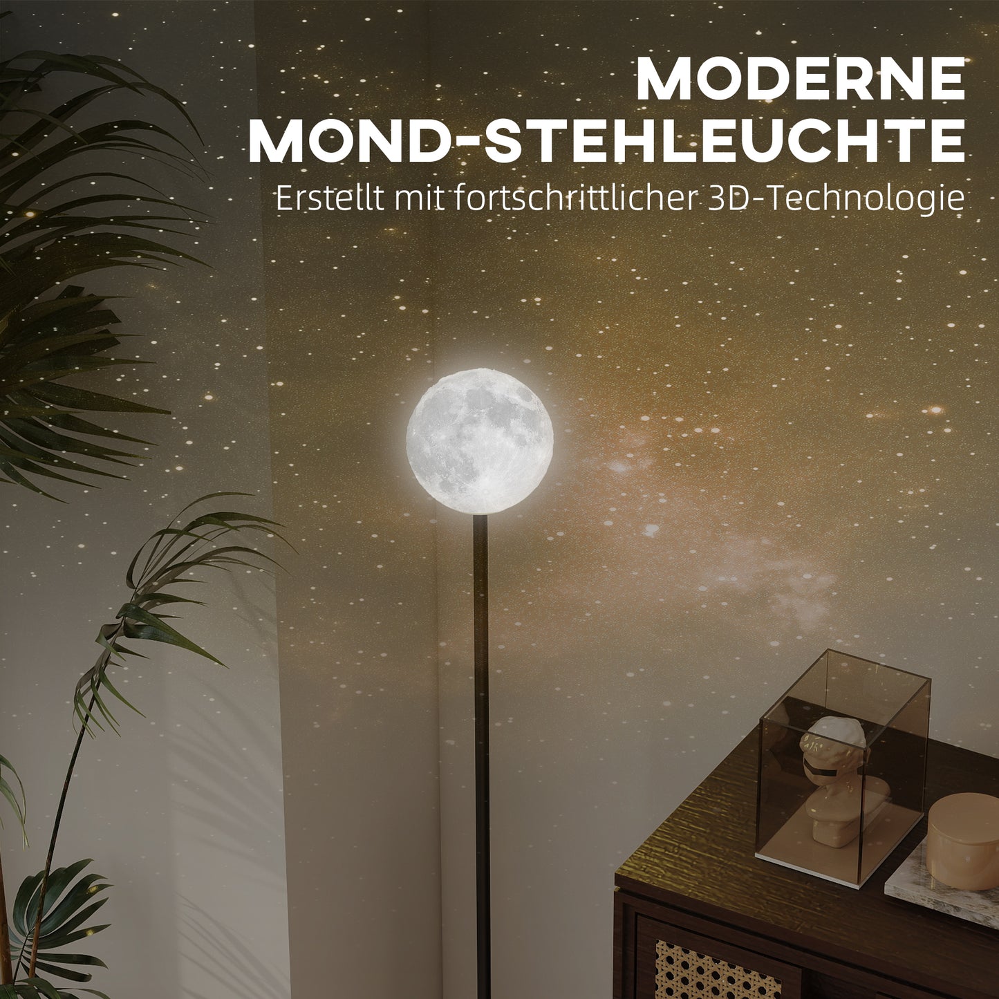 HOMCOM Stehlampe mit Schirm in Mondoptik, Fußschalter, 3 Farbtemperaturen, Metall, Schwarz
