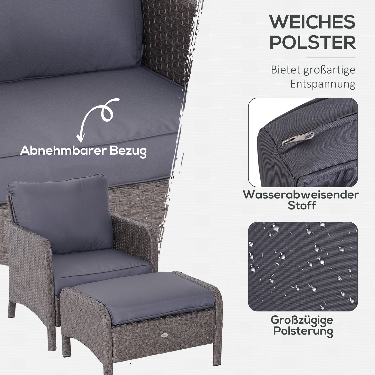أوتسوني 5-TLG. Polyrattan Gartenmöbel Sitzgruppe Gartenset Sofagarnitur Garnitur Lounge mit Kissen Dunkelgrau 2 x Sessel 1 x Couchtisch 2 x Hocker