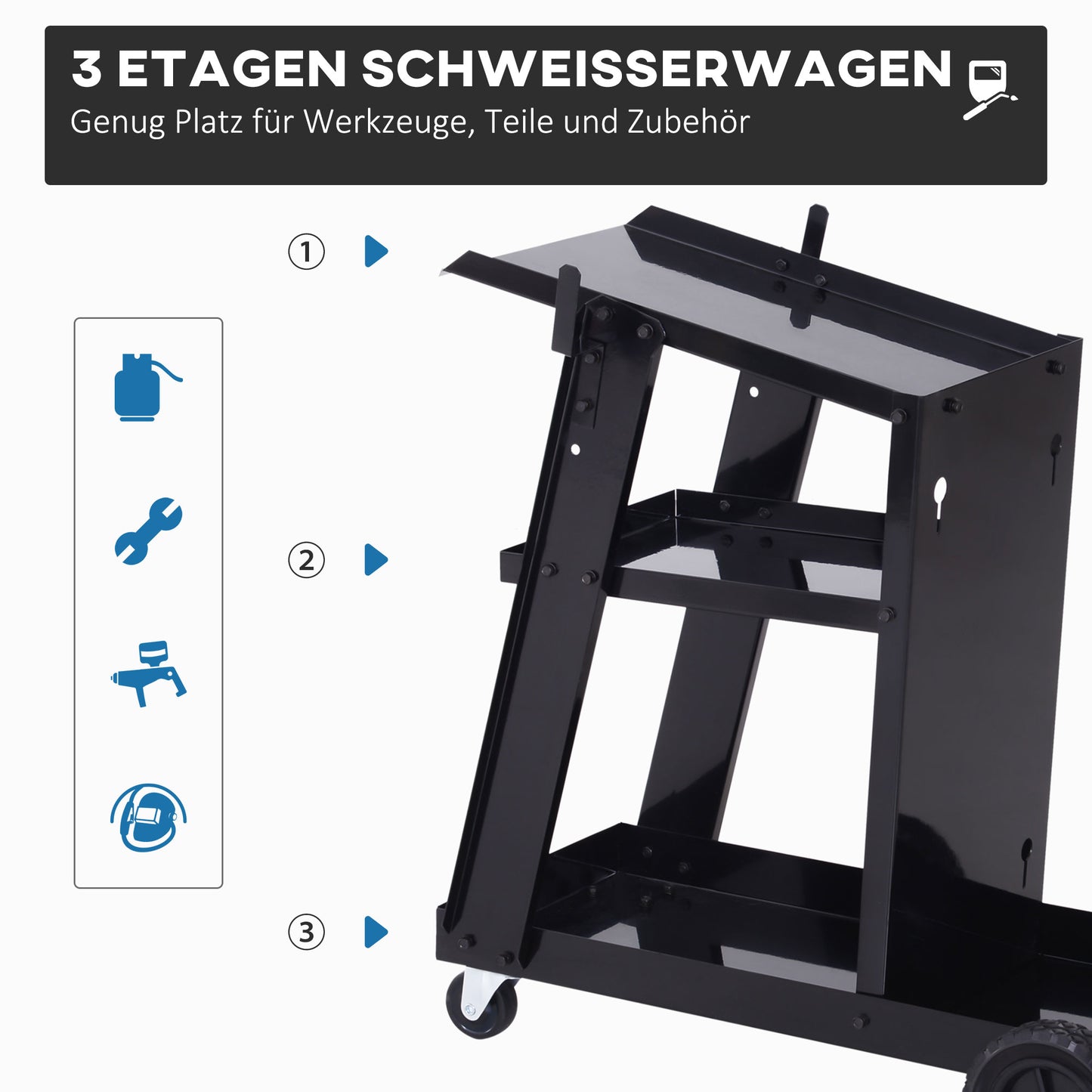 DURHAND Schweißwagen, 3 Ablagen, Sicherheitskette, 4 Räder, Stahl, 71 x 39 x 70cm, Schwarz
