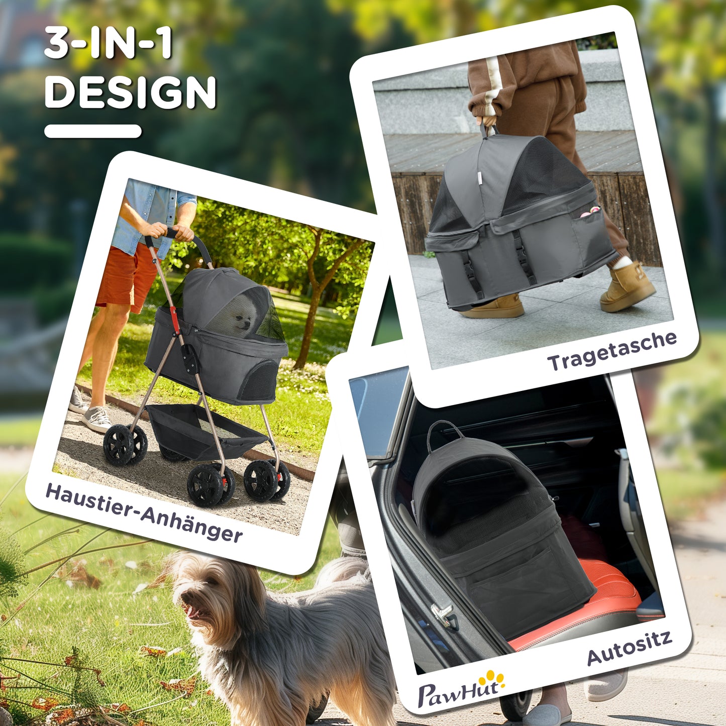 PawHut 3-in-1-Haustierkinderwagen, zusammenklappbarer Hundewagen mit 4 Rädern und abnehmbarer Trage für Hunde und Katzen, Grau