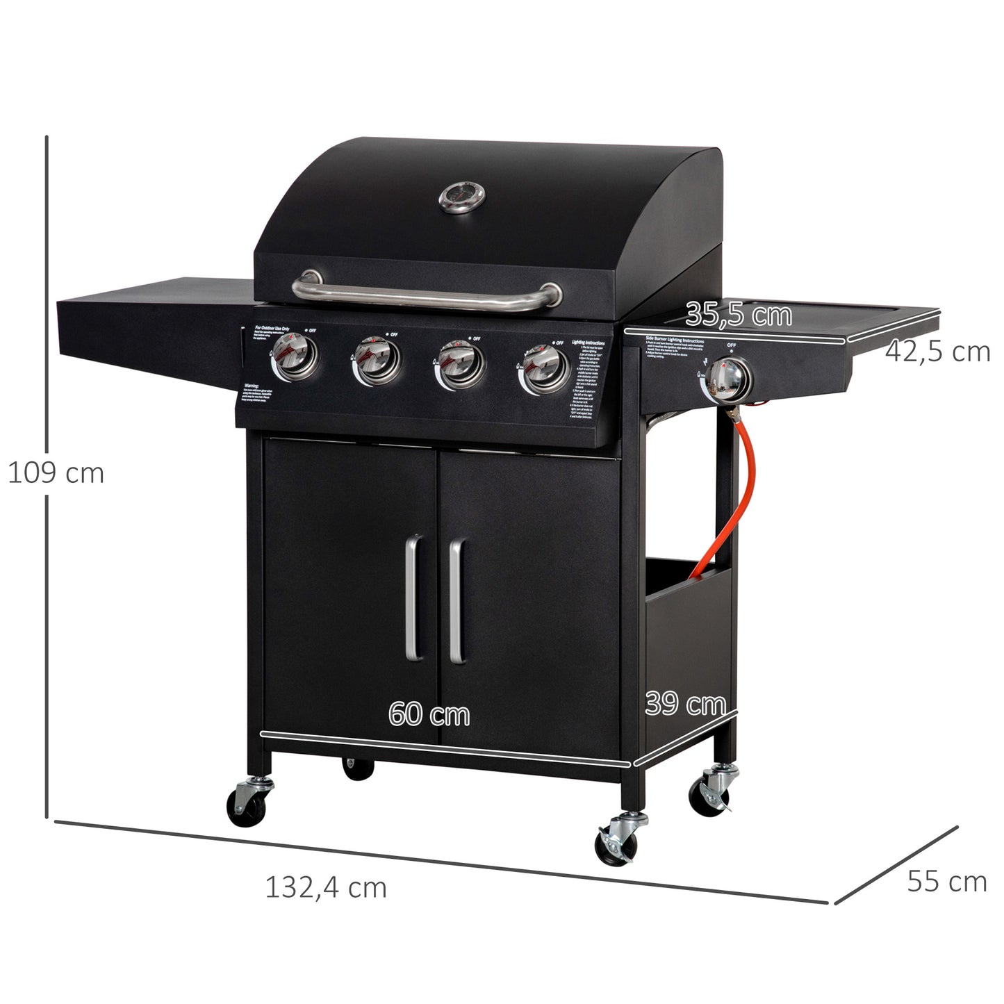 Outsunny Gasgrill BBQ mit 3 Brennern je 3 kw mobiler Grillwagen mit 4 Rädern Grillnetz Seitentischen Druckminderer Schläuche Schrank Multifunktion Metall Schwarz 132,4cm x 55cm x 109cm