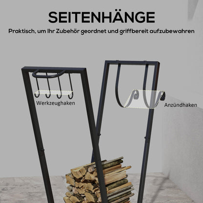 Outsunny Feuerholzgestell, trapezförmiges Design, pulverbeschichteter Metall, mobil mit Rollen, 79 x 30 x 81 cm, Schwarz