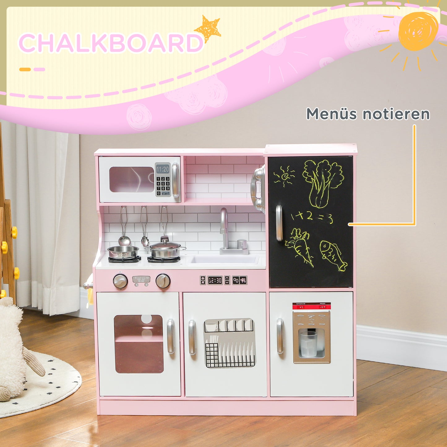AIYAPLAY Spielküchen-Set mit Töpfen, Tafel, Telefon, Eismaschine, Herd, 83,8 x 26,8 x 81 cm, Pink