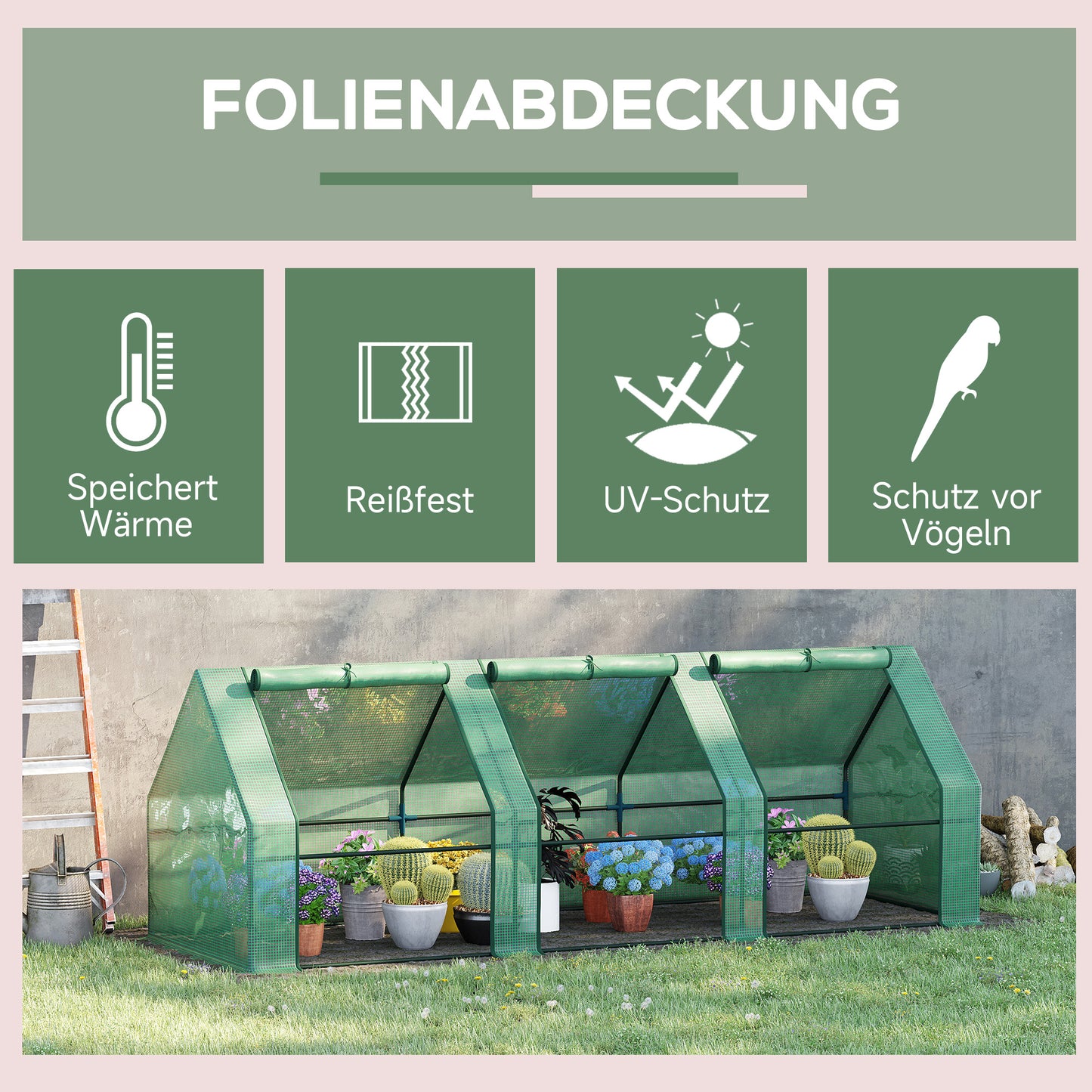 Outsunny Gewächshaus mit 3 Rollfenster, PE-Gitterfolie, Foliengewächshaus aus Stahl, Treibhaus für Balkon, Garten, Tomatenhaus 270x90x90cm, Tomatengewächshaus für Gemüse, Blumen, Pflanzen, Grün