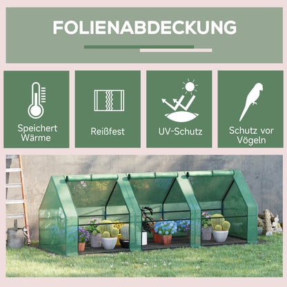 Outsunny Gewächshaus mit 3 Rollfenster, PE-Gitterfolie, Foliengewächshaus aus Stahl, Treibhaus für Balkon, Garten, Tomatenhaus 270x90x90cm, Tomatengewächshaus für Gemüse, Blumen, Pflanzen, Grün