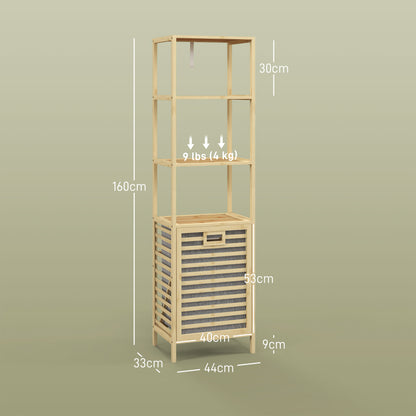HOMCOM Badezimmerregal, mit Wäschesammler, 3 Regalböden, Bambusrahmen, 44x33x160cm, Natur