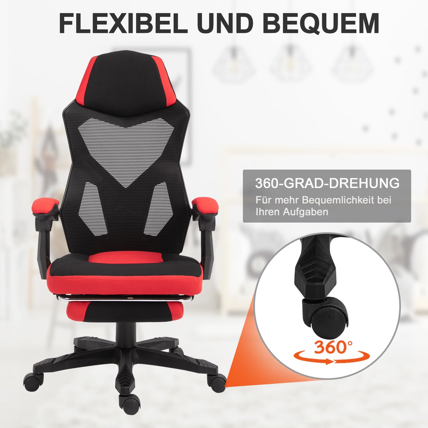 Vinsetto Ergonomischer Bürostuhl, Gaming Stuhl, Drehstuhl mit Fußstütze, PC Stuhl, Chefsessel, höhenverstellbar, Polyester, Schwarz+Rot,58 x 63 x 112-122 cm