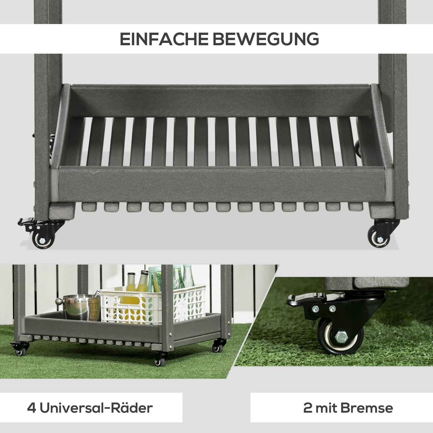 Outsunny Servierwagen mit Handtuchhaltern, 1 untere Ablage, 4 Rollen, 87 cm x 50 cm x 80 cm, Dunkelgrau
