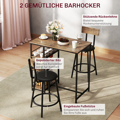 HOMCOM 3-teiliges Ess-Set mit Bartisch und 2 Stühlen, Kleines Küchenset mit seitlichen Regalen, MDF, Metall, Schwarz