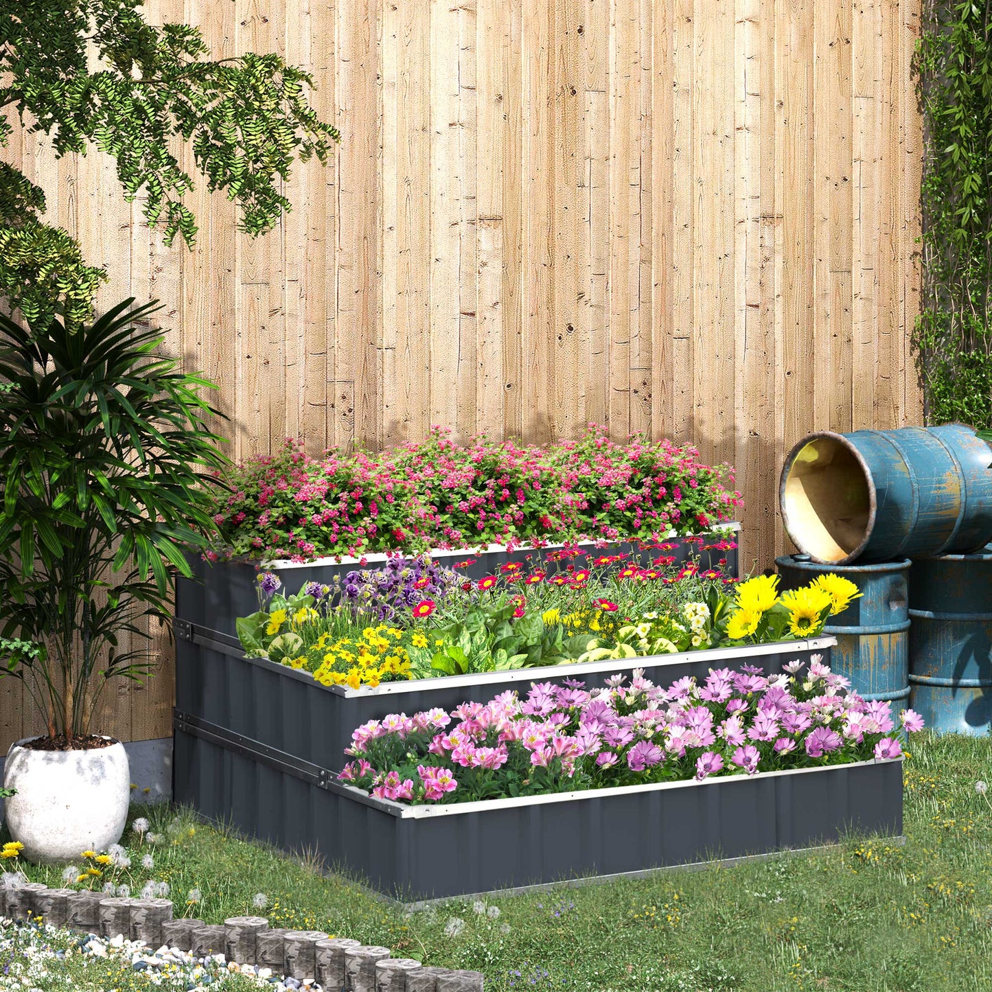 Outsunny Hochbeet aus Stahl 3-stufige Gartenbeet mit T-Form-Pflanzenschilder Handschuhe Pflanzenbeet Kräuterbeet Blumentreppe für Balkon Garten Dunkelgrau 118 x 118 x 62 cm